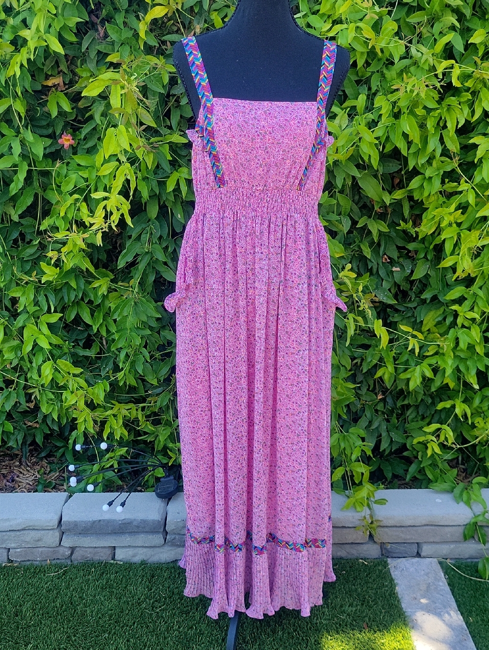 Pink And Blue Floral Whimsical Peasant Maxi Sun Dress With Pockets L